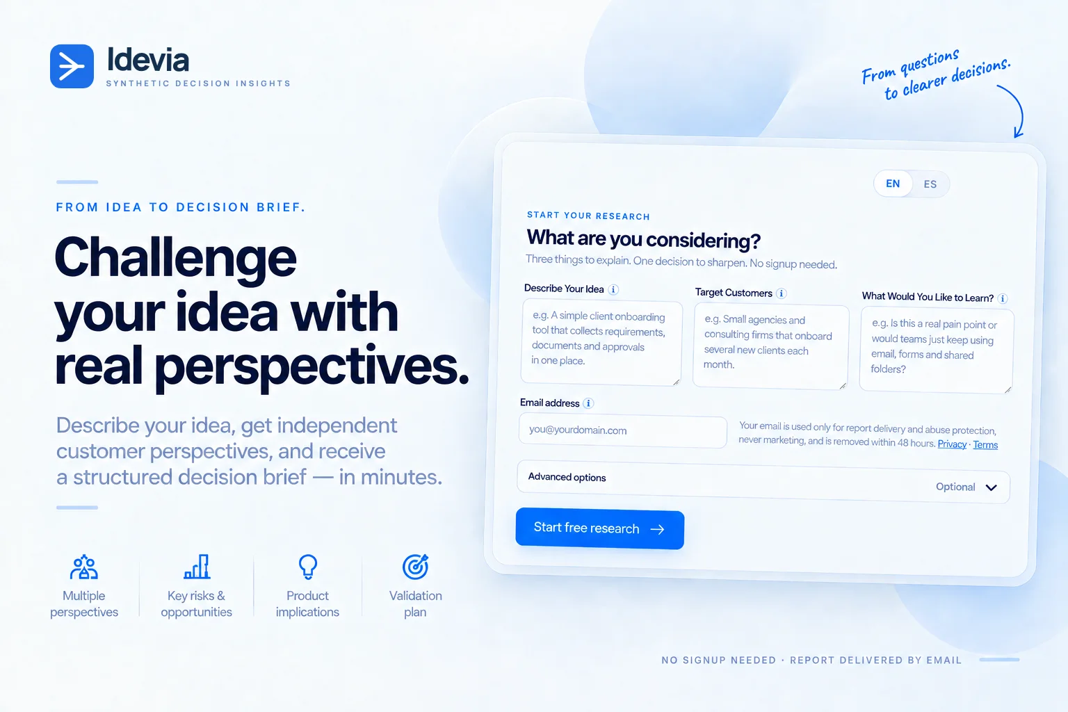 Idevia research form for an idea, its target customers, and questions to explore