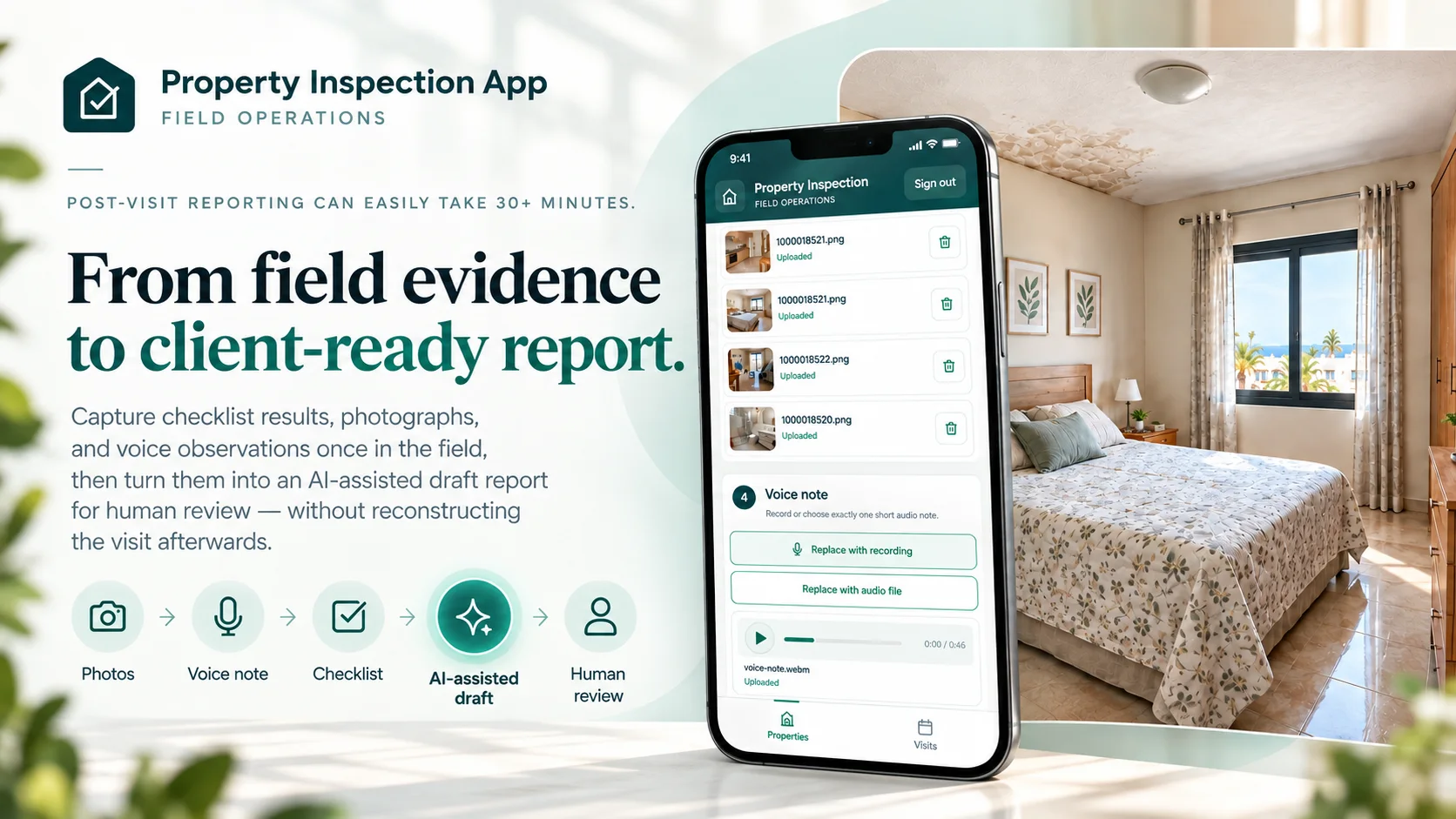 Property Inspection field workflow, with a mobile visit interface against a property interior