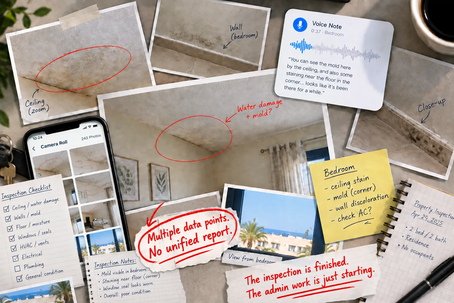 Scattered property photographs, checklist notes and a voice note awaiting report preparation