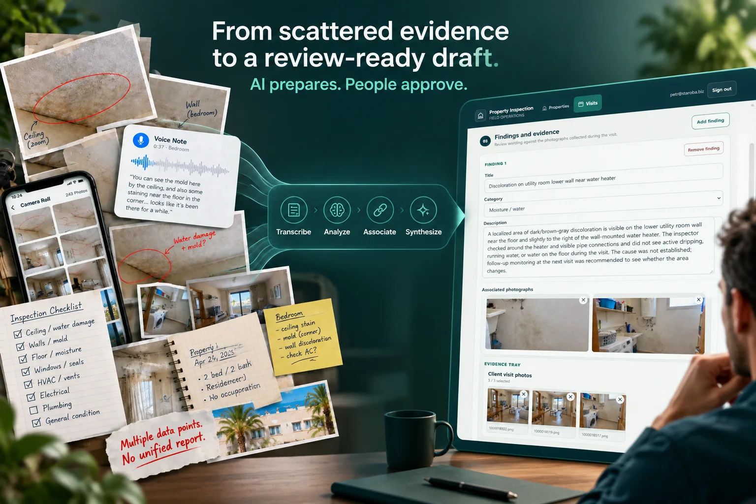 Field evidence flowing through processing into an editable findings and evidence draft