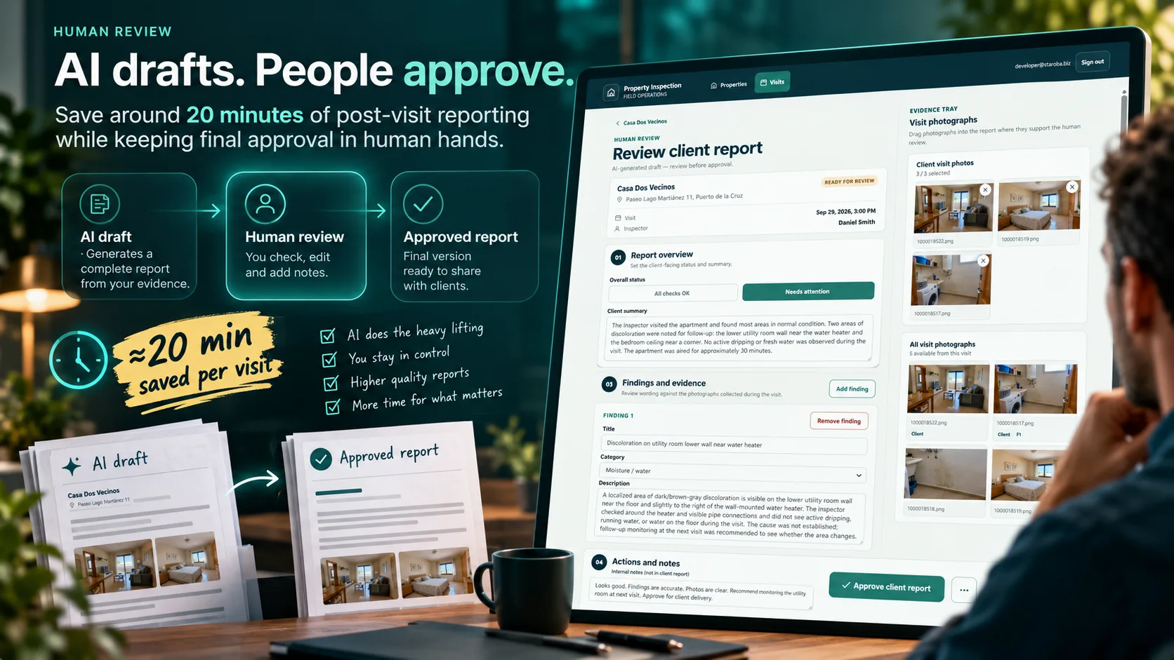 Human review of an AI-prepared client report alongside the original visit photographs