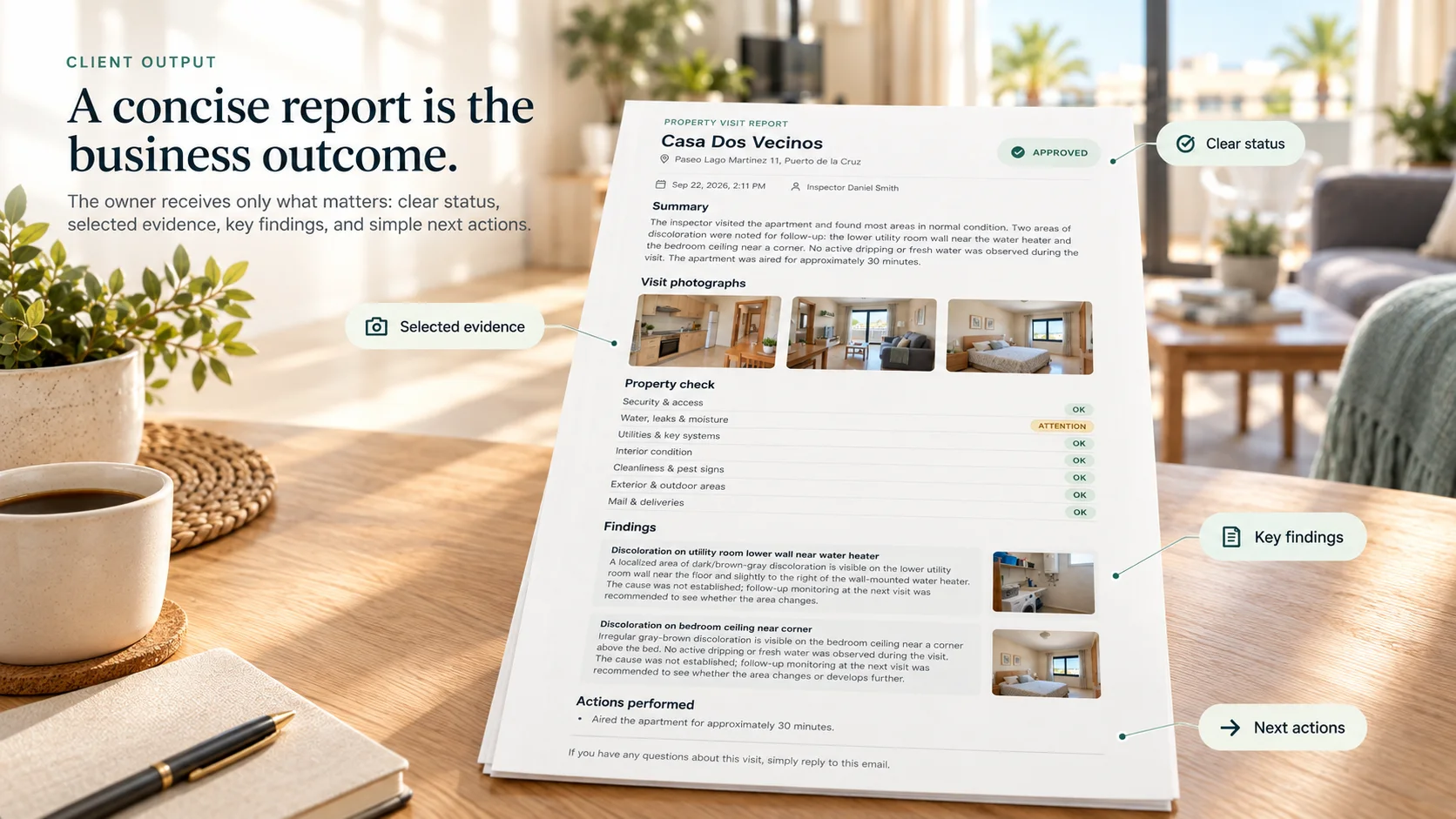 Concise property report showing status, selected photographs, findings and performed actions
