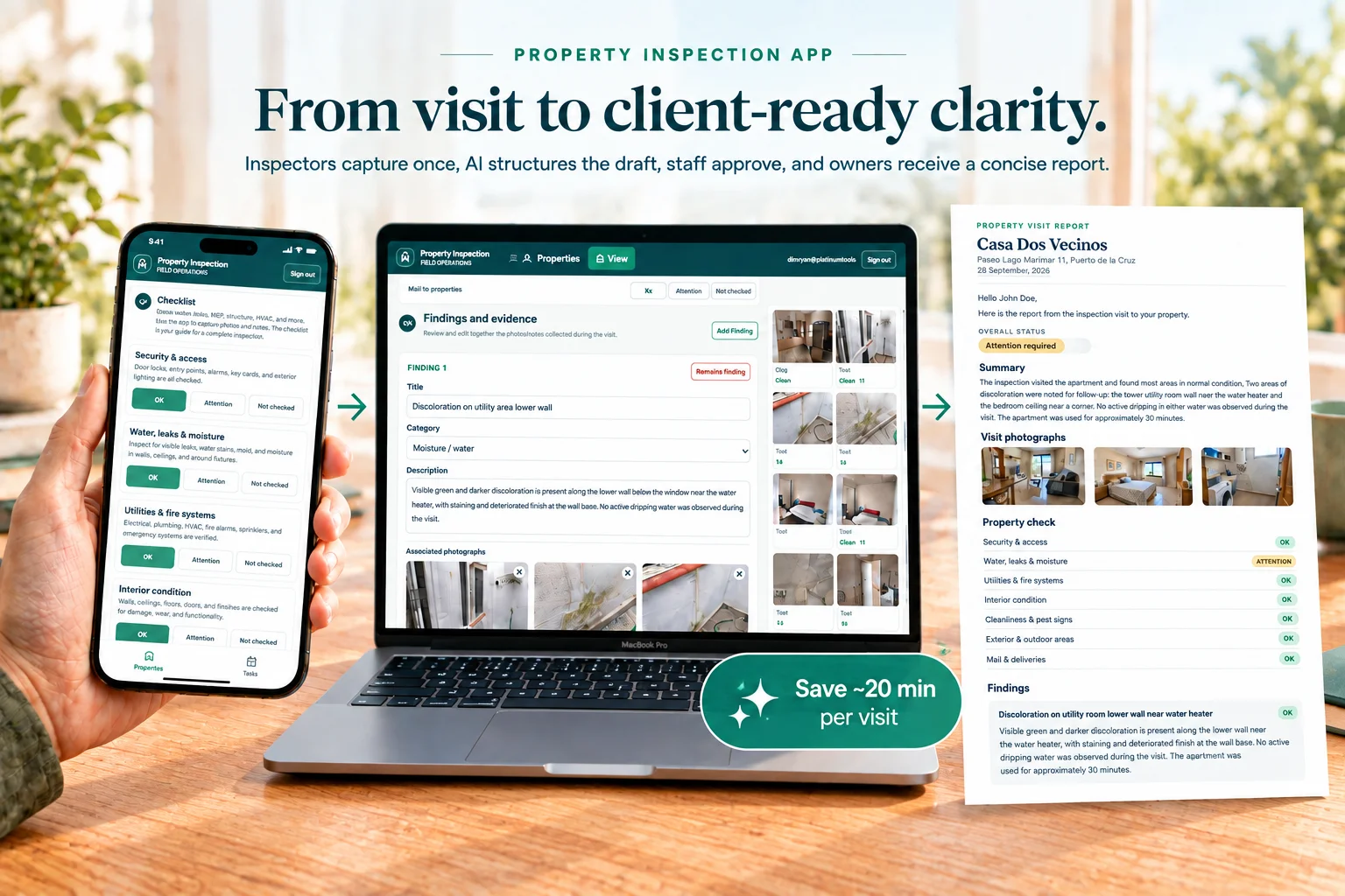Property Inspection poster showing a field checklist, findings review, and client report